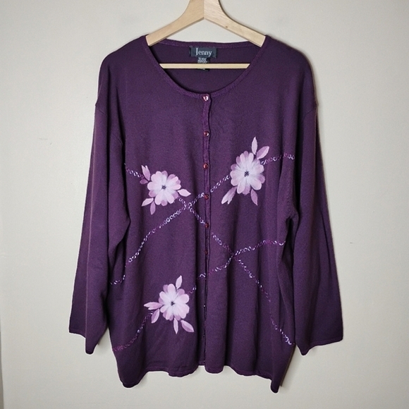 Jenny Purple Cardigan Sweater 3X Felted Floral Beaded Detail Cottagecore Holiday - Picture 2 of 8